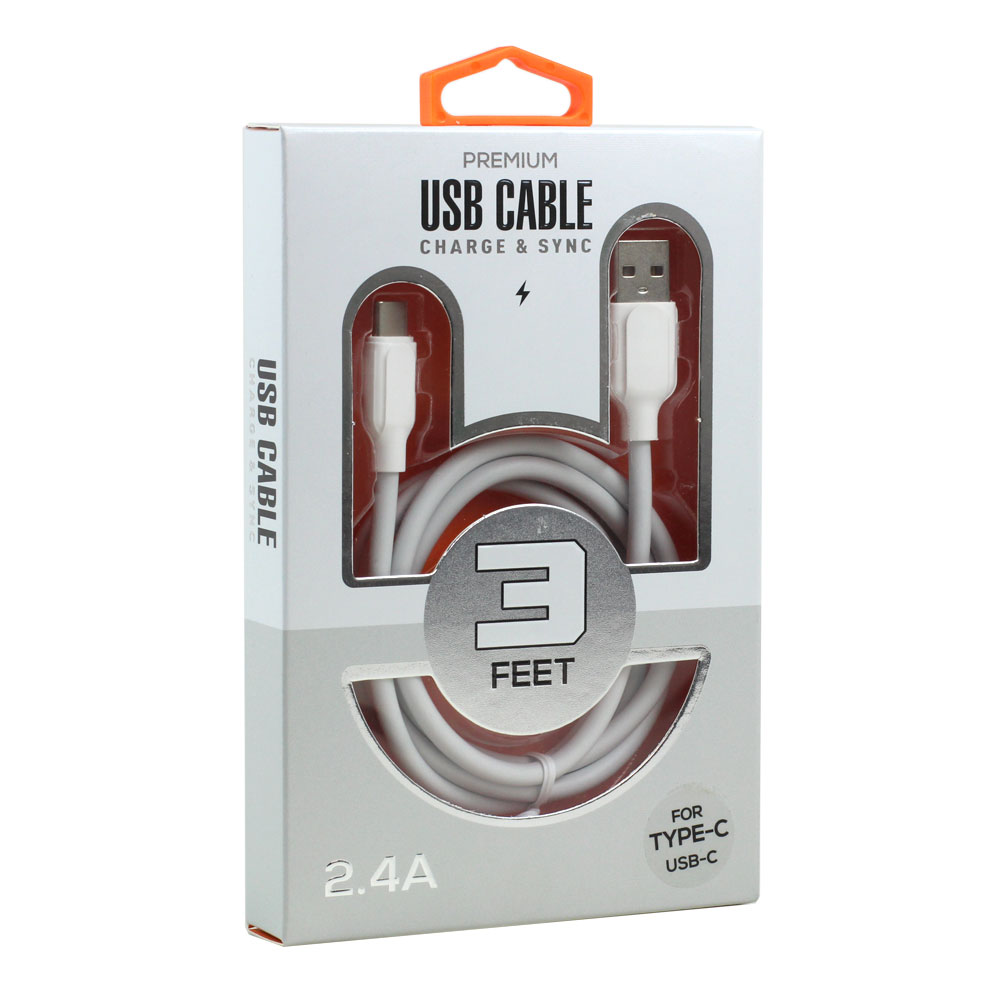 Type C / USB-C 2.4A Heavy Duty Strong Durable Charge and Sync USB Cable 3FT (White)